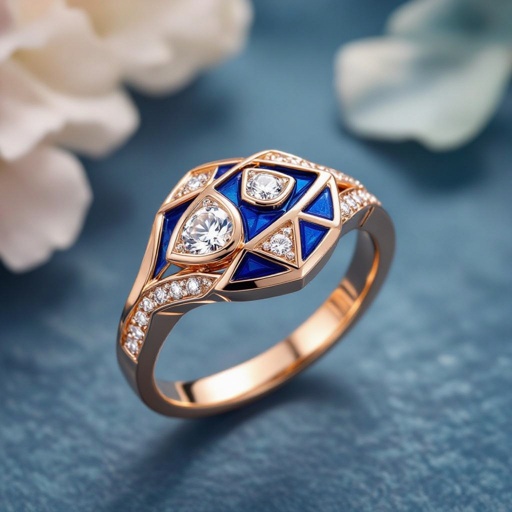 Pendant of different colors Geomatric edge of diamonds shaded of fish element in water background and vibes Rose gold ring, geometric diamonds, bezel set. Fish motif, blue enamel.