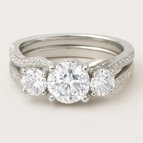 3 stone round 4 carat twisted pave band with wedding band