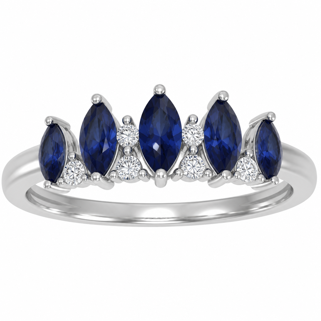 5 marquis sapphire
8 accent diamonds
14 k white gold
photorealistic jewelry design, 5 marquis sapphire
8 accent diamonds
14 k white gold
, just the design no text