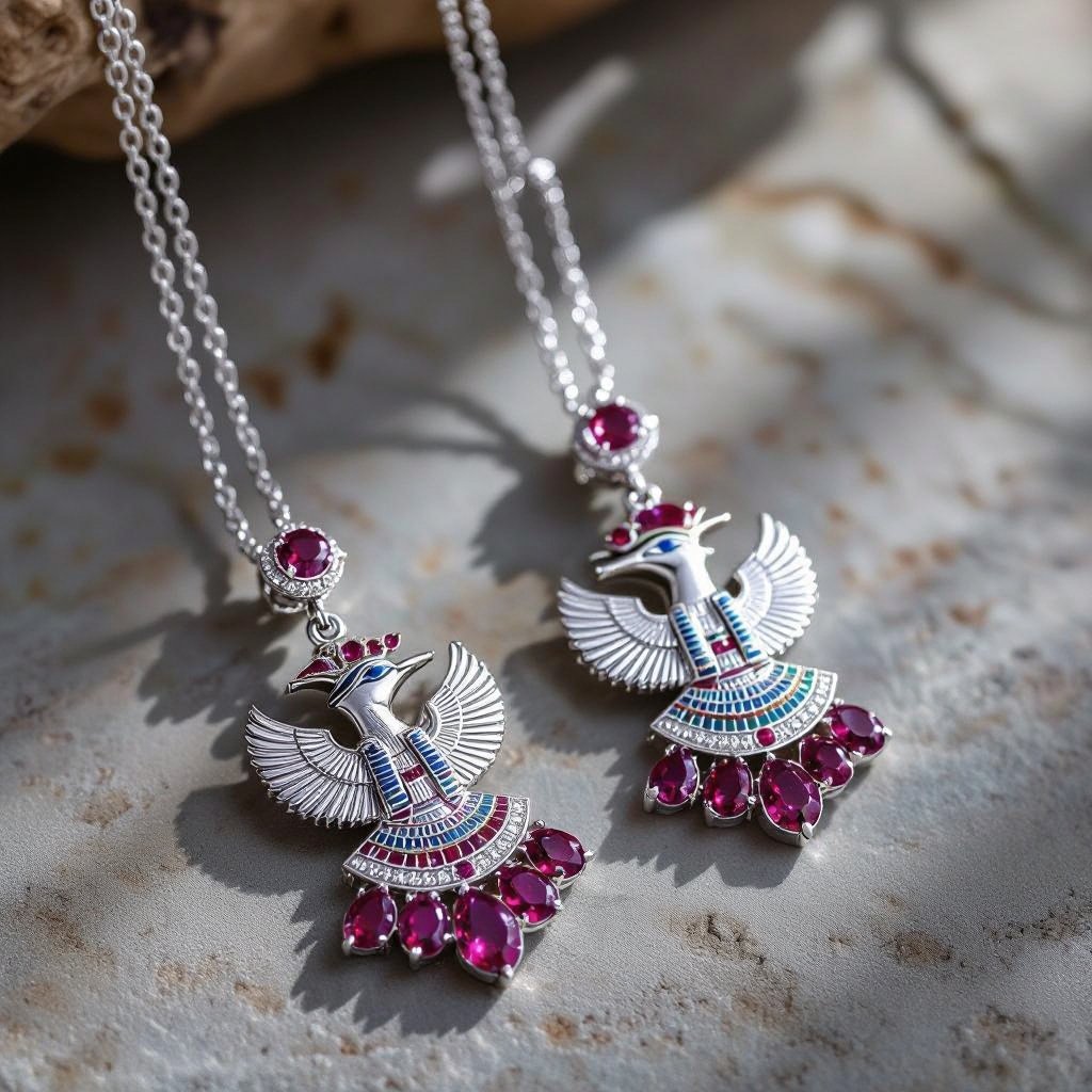 Zototy long earrings with a pendant symbolic image of the Egyptian god Ra with a bird's head symbol of the sun long chains