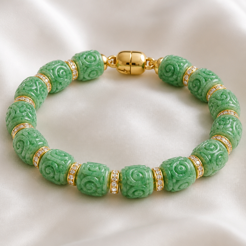 A women's bracelet. Please design a bracelet, 6 inches long, featuring 12 beads measuring 9.71 mm each, with gold spacers adorned with diamonds, and a spring-loaded box clasp.
using the attached image as a visual reference, create A women's bracelet. Please design a bracelet, 6 inches long, featuring 12 beads measuring 9.71 mm each, with gold spacers adorned with diamonds, and a spring-loaded box clasp.. photorealistic, just the design no text