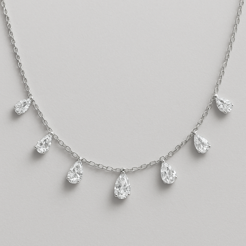 Pear shape pears station necklace 7 diamonds  silver small each diamonds .15 no bezel