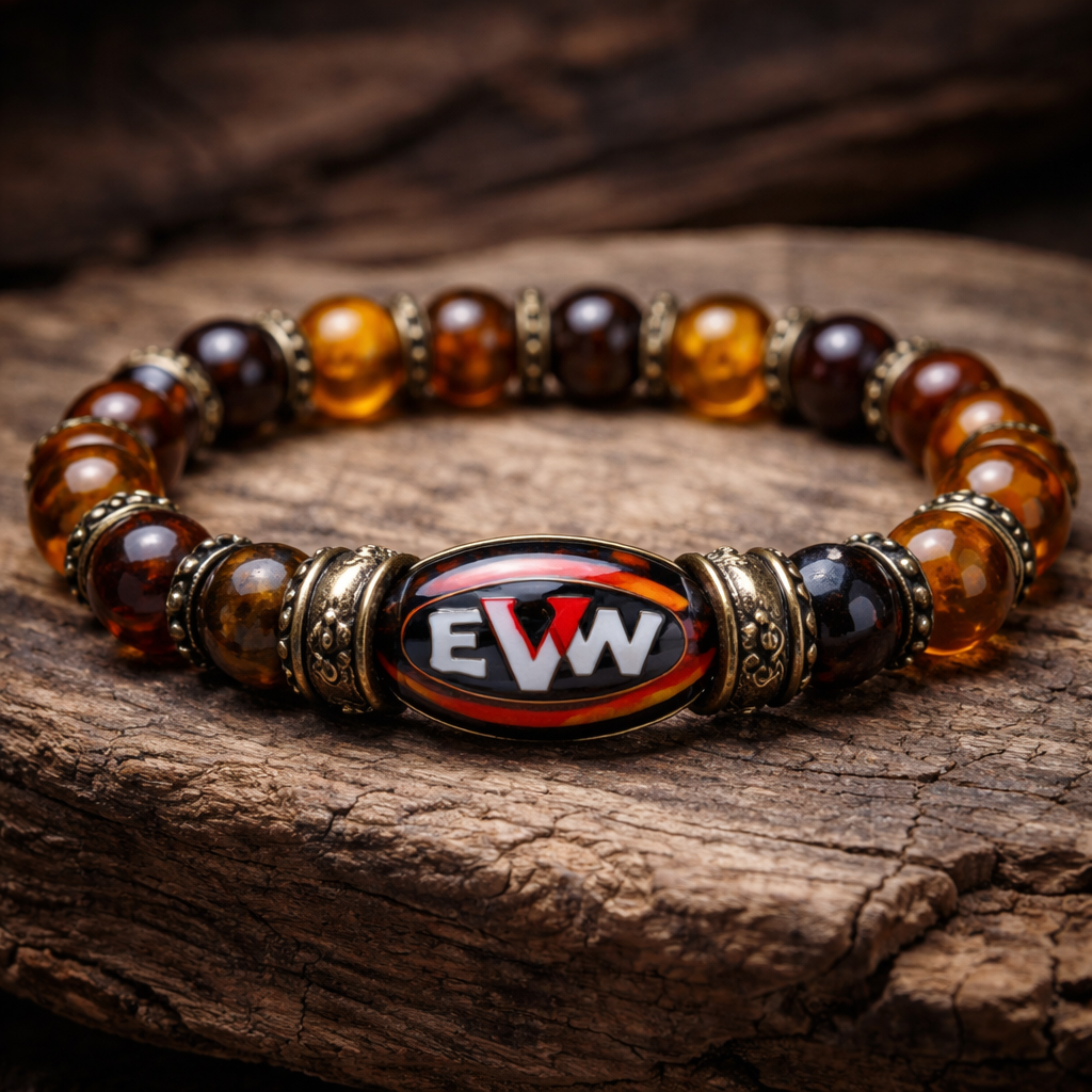 Do not use silver or gold and bracelet for man only amber stones small size EVW logo on the amber stone red and black and white colours arm