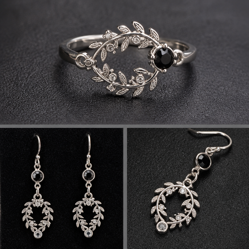 A women's ring. Black and clear gemstone earrings
using the attached image as a visual reference, create A women's ring. Black and clear gemstone earrings. photorealistic, just the design no text