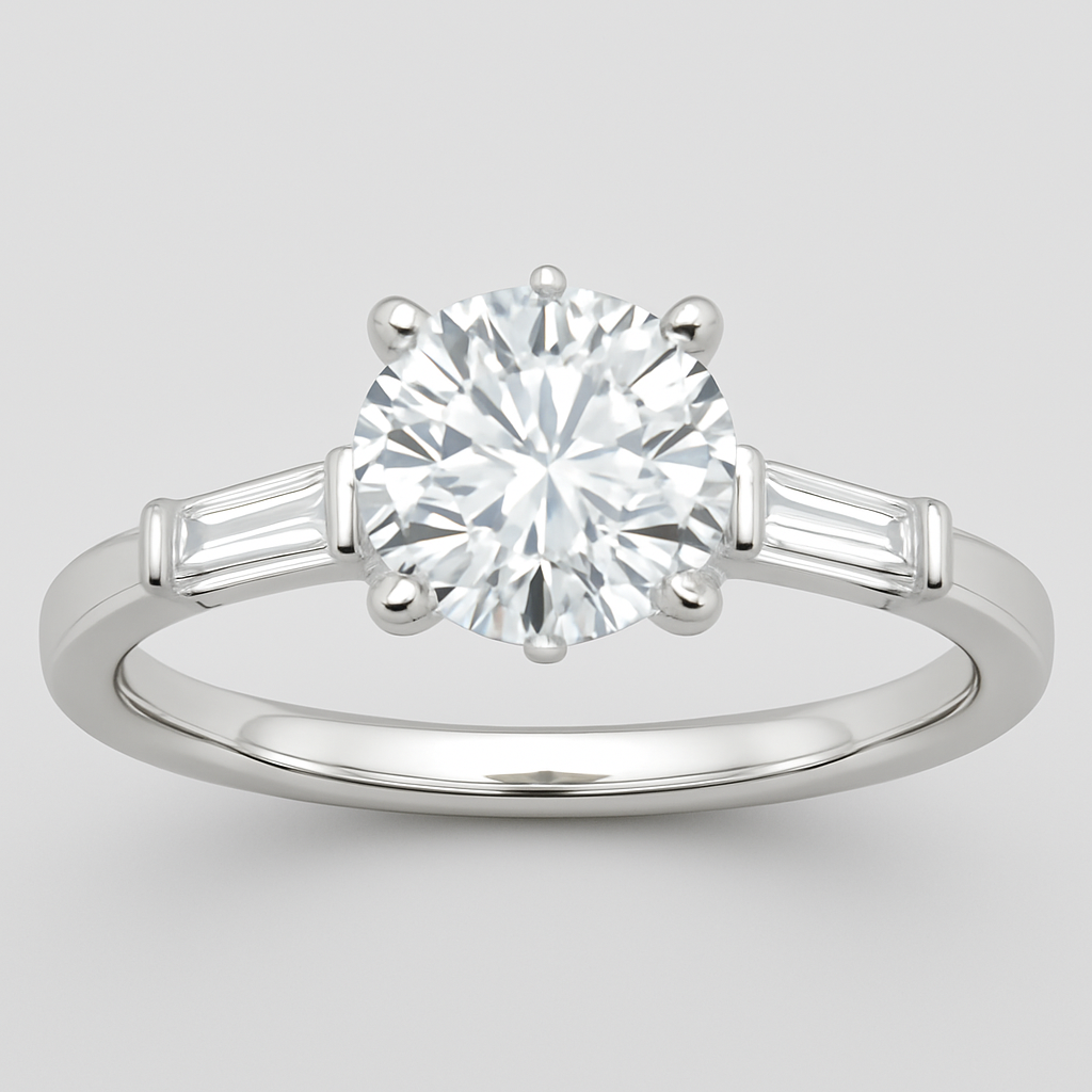 White gold diamond engagement ring 1ct circle solitaire stone vs2 with .5ct baguette shaped diamonds on a thin band. I want 7 prongs on the solitaire diamond and 2 round sapphires on the interior of the band.