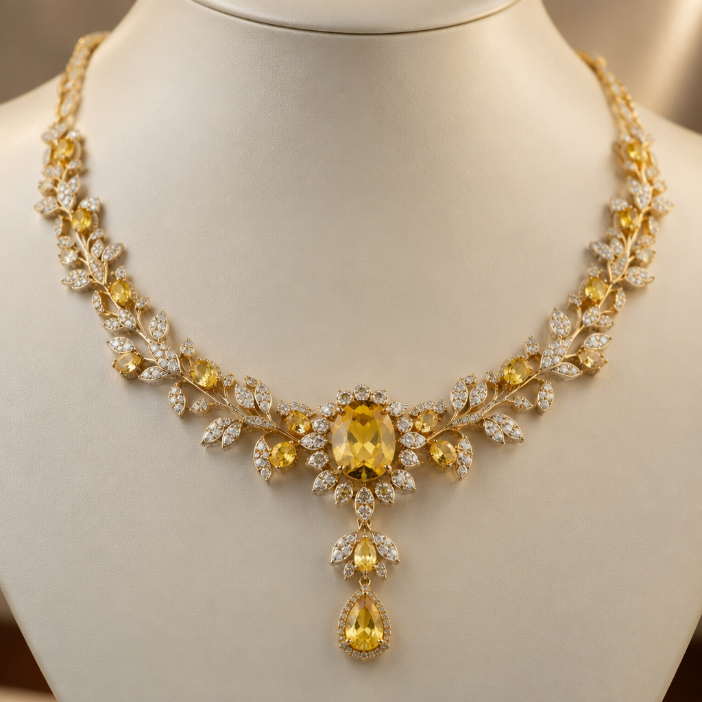 A women's necklace suitable for wedding, detailed and decorative, moderately ornate. yellow sapphire
photorealistic jewelry design, A women's necklace suitable for wedding, detailed and decorative, moderately ornate. yellow sapphire, modern style, just the design no text