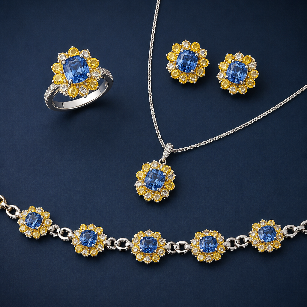 blue diamond center stones with yellow sapphire ring, earrings, necklace and bracelet in white gold setting
photorealistic jewelry design, blue diamond center stones with yellow sapphire ring, earrings, necklace and bracelet in white gold setting , just the design no text