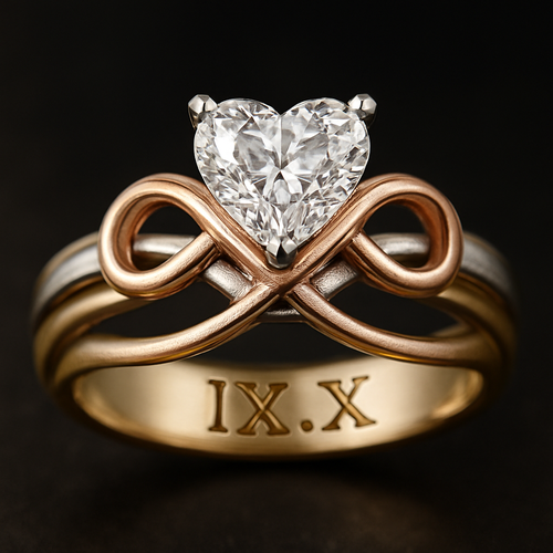 العنصر	: المواصفات التفصيلية للمُصمم / الصائغ الستايل	:أنثوي، راقٍ، حديث، غير مكرر. يجمع بين الفخامة والرقة والرومانسية. الحجر المركزي: 	ألماسة طبيعية، شكل قلب ، بتثبيت ثلاثي ناعم (V-Prong) من الذهب الأبيض. تثبيت الألوان	: هيكل ثلاثي الألوان (Tri-Color Fusion 18K): (1) ذهب أبيض للقاعدة والثبات. (2) ذهب وردي لرمز اللانهاية والنقش. (3) ذهب أصفر للحواف الخارجية اللامعة فقط. رمز اللانهاية (  رمز الانفينتي) 	: يتشابك حول قاعدة الألماسة، مصنوع من خيوط دقيقة متداخلة من الذهب الوردي والأبيض. النقش الخارجي	: التاريخ IX.X محفور بارزاً (In Relief) على الحافة الخارجية للساق، ومُلمَّع بالذهب الوردي (High-Polish Rose Gold). اللمسات النهائية	: تباين بين اللمعان العالي (High Polish) للحواف والذهب الأصفر، وبين اللمعان الناعم (Soft Polish/Brushed Finish) للهيكل الداخلي. لقطة العرض المطلوبة: 	لقطة 45 التركيز: التركيز الأساسي على الألماسة المركزية، مع وضوح حاد للنقش (IX.X) ورمز اللانهاية المتشابك. التوازن المثالي بين الظلال (Deep Shadows) واللمعان (Sparkle).