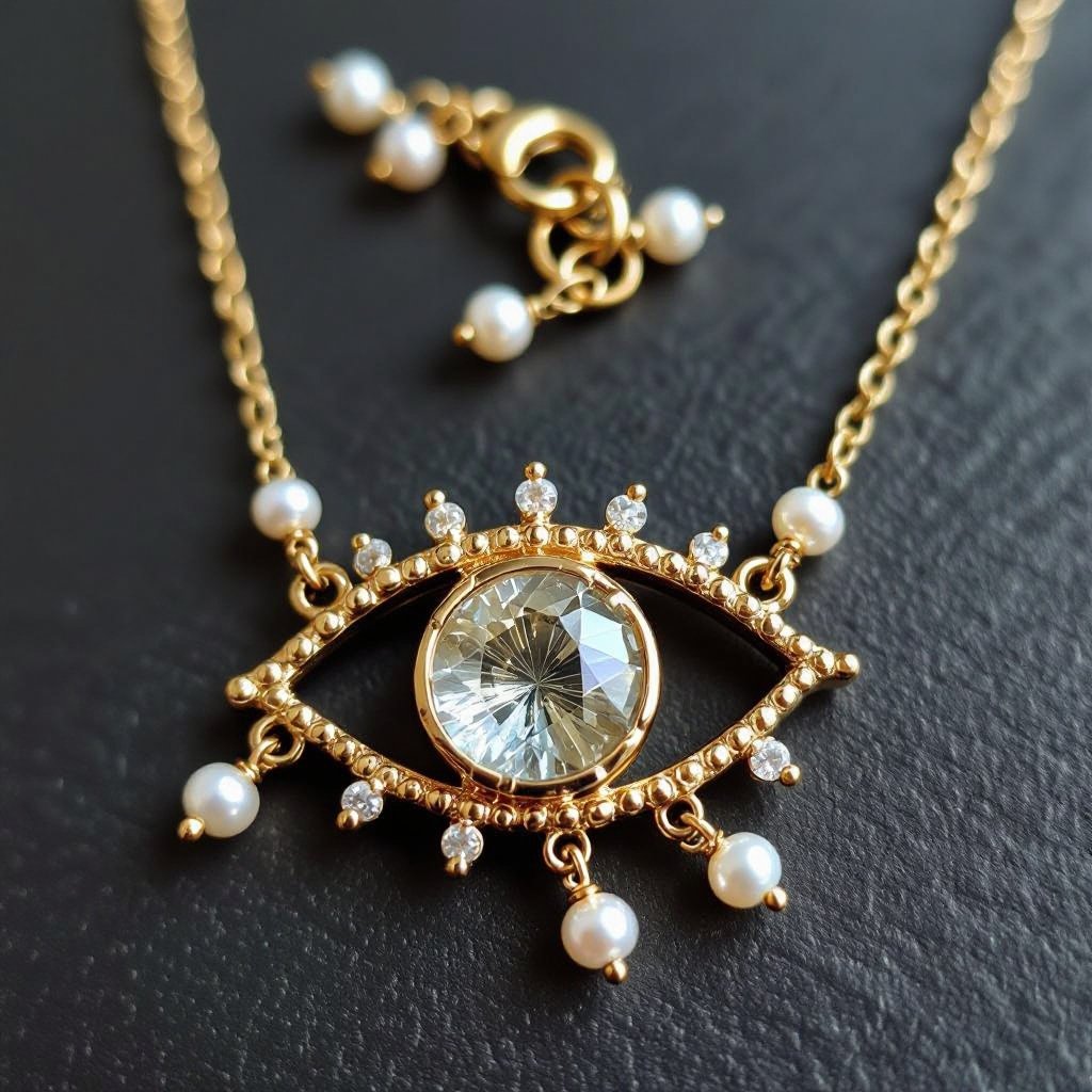 Тонкая цепочка с золотыми шариками и мелкими жемчужными камушками на цепочке есть кулон в форме глаза, зрачок глаза из раухтопаза от глаза идет маленькая подвеска с маленьким камушком 