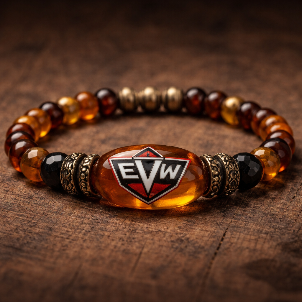 Do not use silver or gold and bracelet for man only amber stones small size EVW logo on the amber stone red and black and white colours