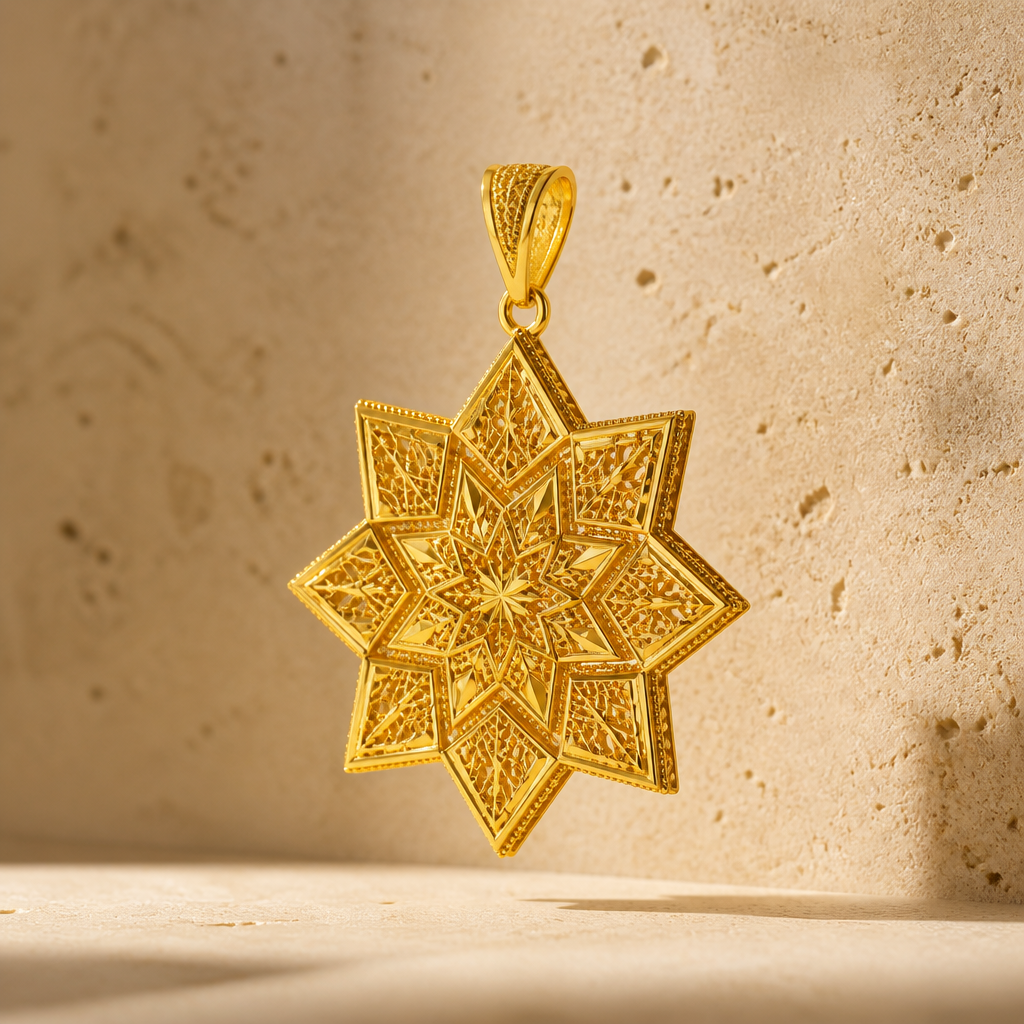Prompt: A modern Arabic Sayaqah style pendant made of pure 21k yellow gold. The pendant is shaped as a complex geometric star with sharp lines and micro-filigree details. Premium jewelry catalog photography, floating in front of a clean beige stone texture, side-angle lighting highlighting the gold engravings, photorealistic, 8k. --ar 16:9
photorealistic jewelry design, Prompt: A modern Arabic Sayaqah style pendant made of pure 21k yellow gold. The pendant is shaped as a complex geometric star with sharp lines and micro-filigree details. Premium jewelry catalog photography, floating in front of a clean beige stone texture, side-angle lighting highlighting the gold engravings, photorealistic, 8k. --ar 16:9, just the design no text