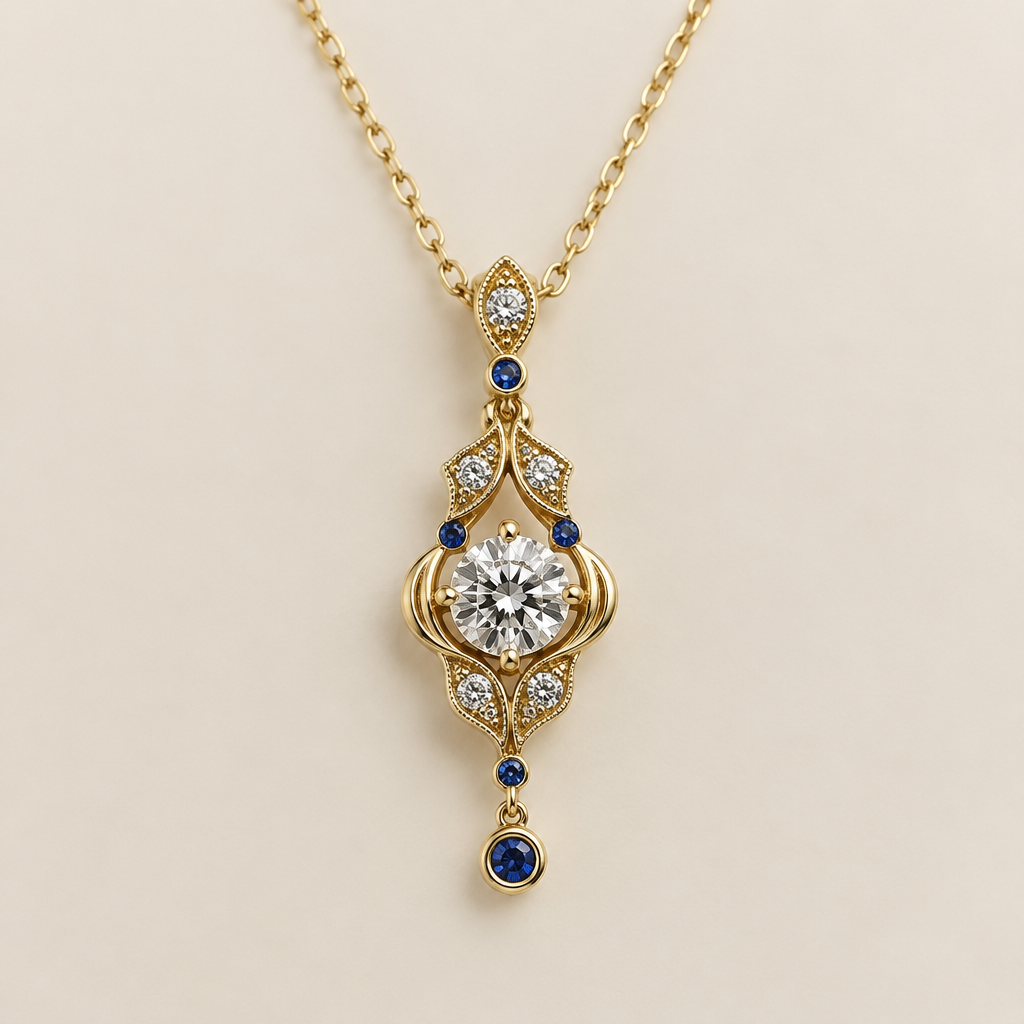 Yellow gold necklace with one larger diamond,4 small diamonds, smaller sapphires
photorealistic jewelry design, Yellow gold necklace with one larger diamond,4 small diamonds, smaller sapphires, pendant style, just the design no text