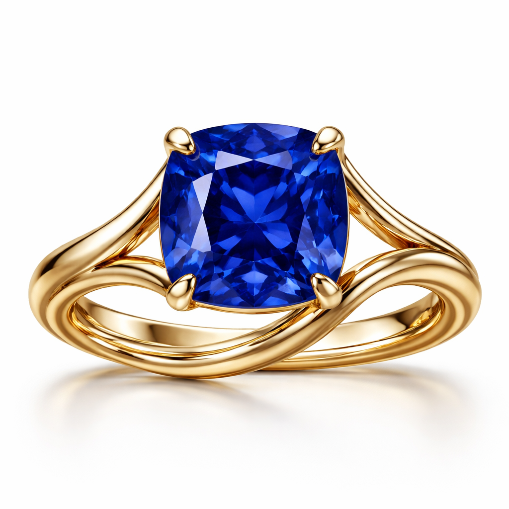 4 carat cushion sapphire royal blue ring in any design in yellow gold only and with no additional diamonds, something sexy, provocative and bright , something for a young woman that knows what she wants and everyone envy’s her , show me picture without finger just ring