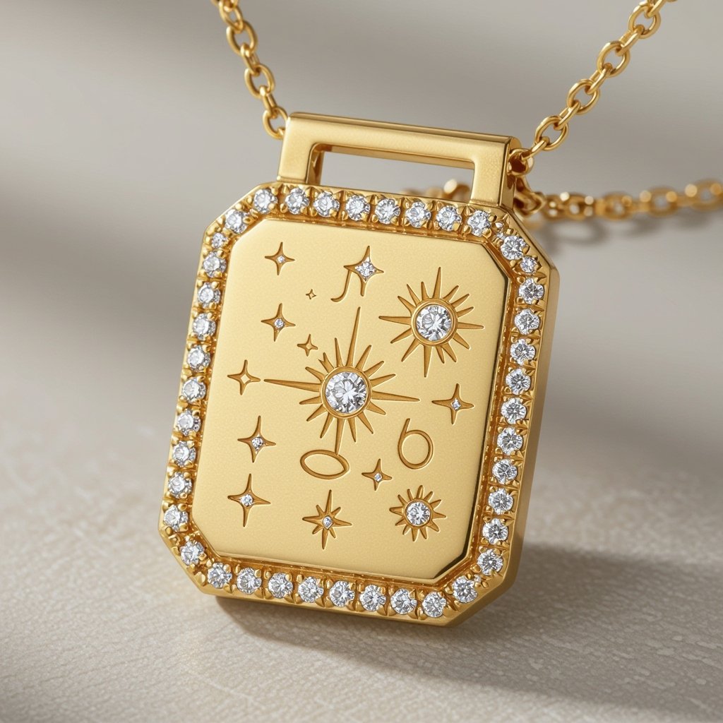 Золотой матовый медальон в форме неровного прямоугольника с округлыми краями. По краям выпуклые точки сплошной линией. На прямоугольнике разные мелкие узоры вырезаны. Символически изображена земля и звезды