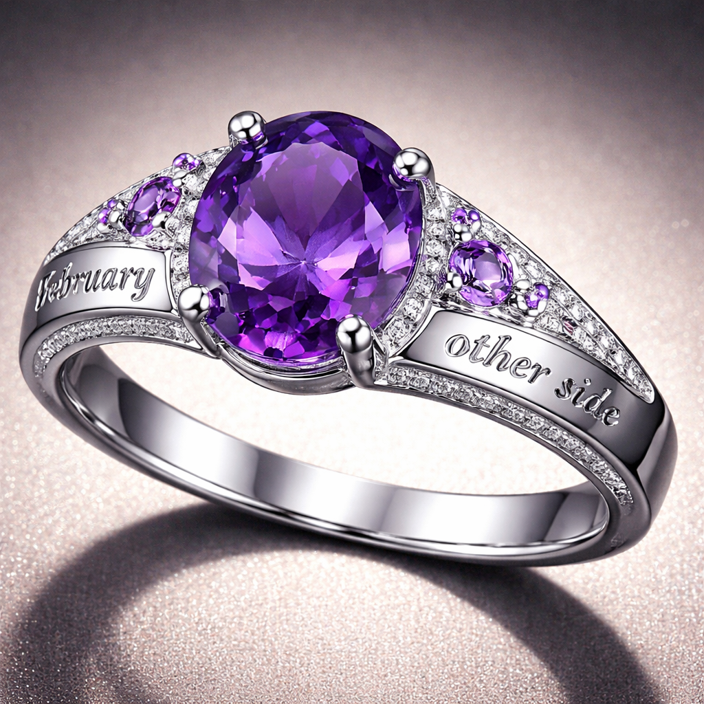 A luxury women's ring made of silver with amethyst stones suitable for gift. Next to gemstone, on the ring, I want " Febuary" on it. And on the other side of the gemstone, on the ring, I would like " other side" on it. These are both texts that I would like engraved into the ring band.
A luxury women's ring made of silver with amethyst stones suitable for gift. Next to gemstone, on the ring, I want " Febuary" on it. And on the other side of the gemstone, on the ring, I would like " other side" on it. These are both texts that I would like engraved into the ring band., luxury style