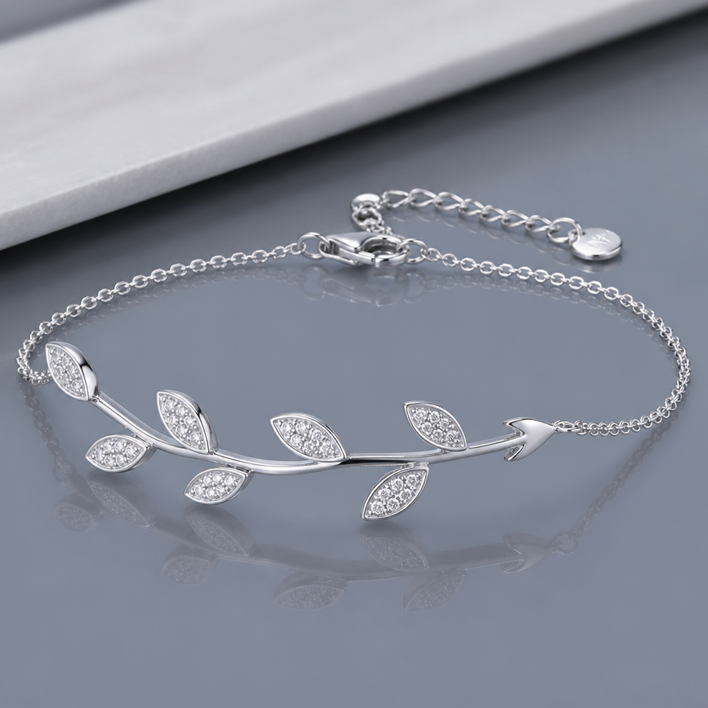 A women's bracelet made of silver with diamond stones. bracelet feuilles minimaliste et metal fin avec chaine
photorealistic jewelry design, A women's bracelet made of silver with diamond stones. bracelet feuilles minimaliste et metal fin avec chaine, modern style, just the design no text