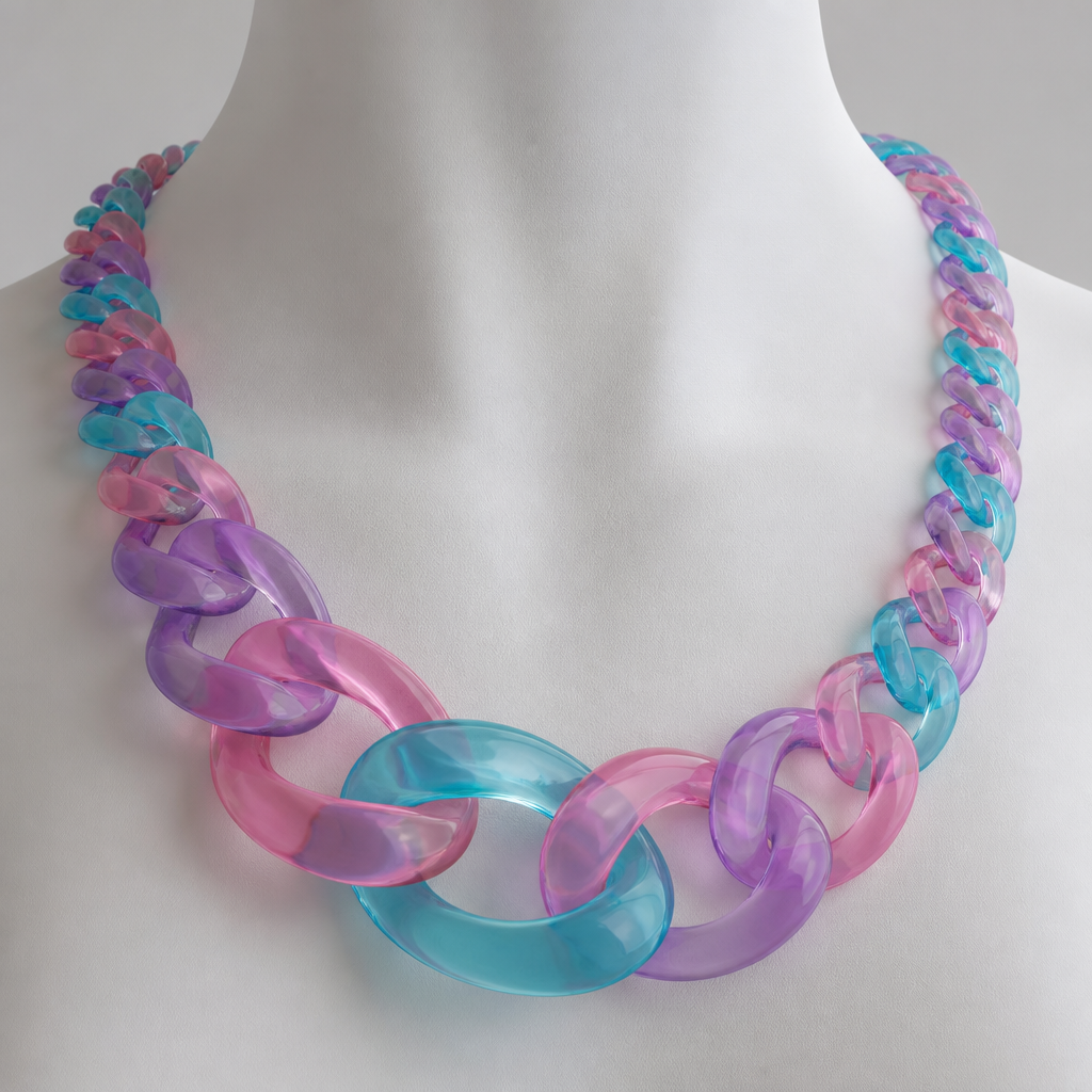 A women's necklace. create a chunky Cuban links style plastic necklace that is graduated and exaggerated in the first three links.translucent colors: alternating lavender, pink, and teal
photorealistic jewelry design, A women's necklace. create a chunky Cuban links style plastic necklace that is graduated and exaggerated in the first three links.translucent colors: alternating lavender, pink, and teal, modern style, just the design no text