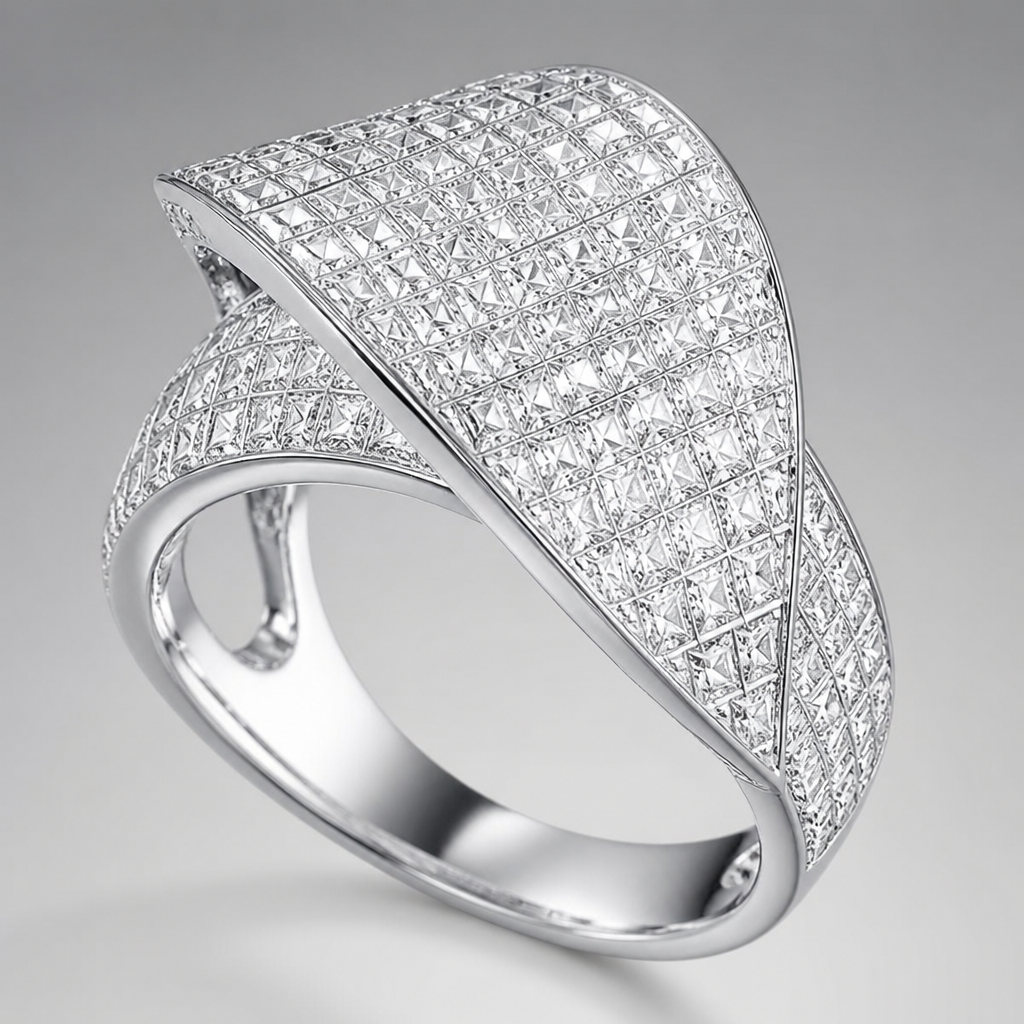 A women's ring made of white gold with diamond stones. use many dimond like and use invisible setting
photorealistic jewelry design, A women's ring made of white gold with diamond stones. use many dimond like and use invisible setting, modern style, just the design no text
