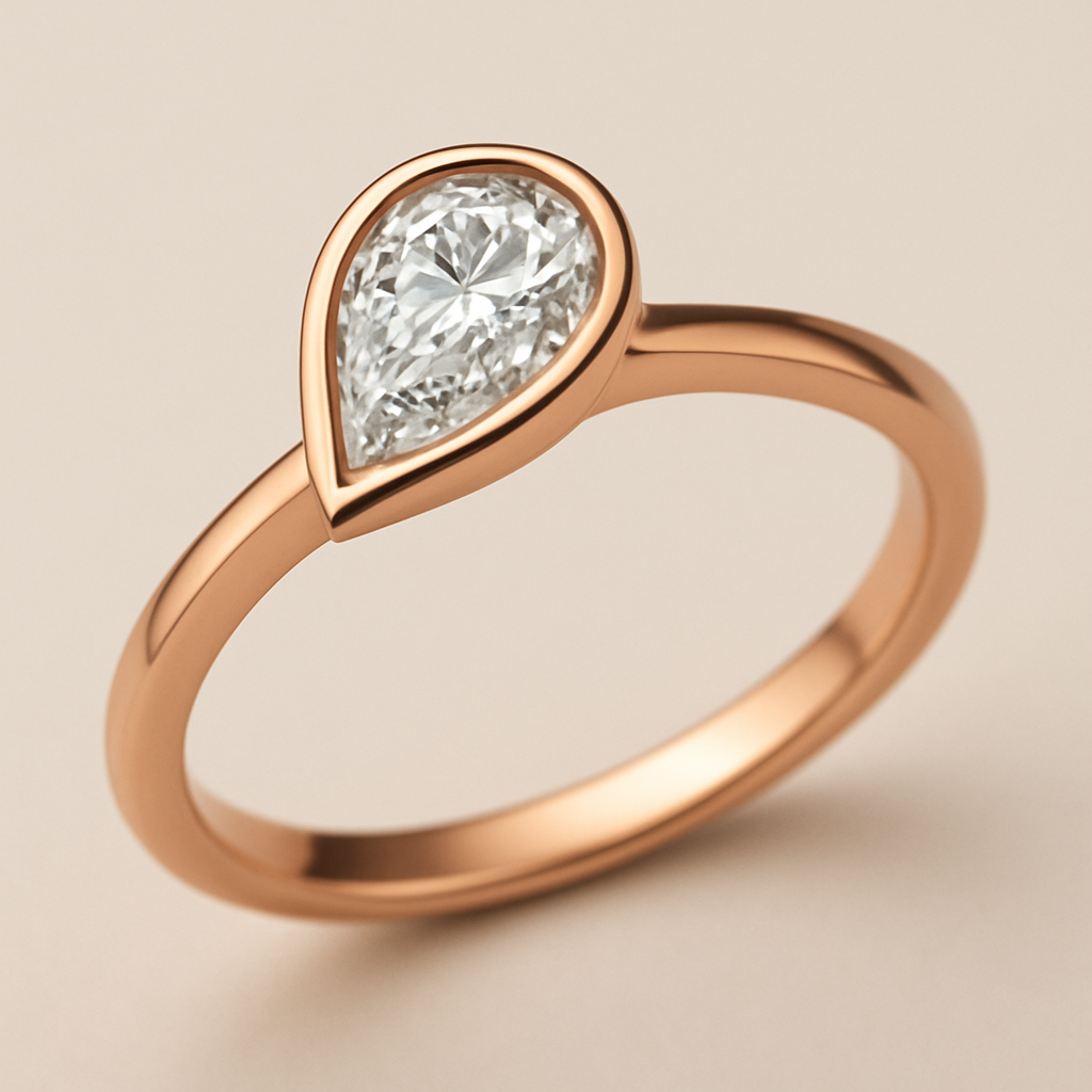 Jewelry Style: Diamond Jewelry Description: A modern and elegant rose gold ring featuring a 0.50-carat pear-shaped diamond set in a smooth bezel setting. The diamond is gently tilted to the left, forming a paisley-inspired silhouette that radiates feminine Yin energy — graceful, flowing, and intuitive. The polished rose gold band complements the organic curvature of the diamond, creating a refined balance between modern minimalism and soft, sensual elegance. 