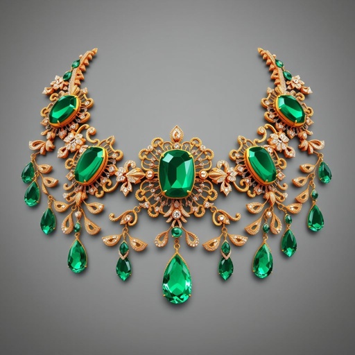 Heavy necklace of golden and green diamonds