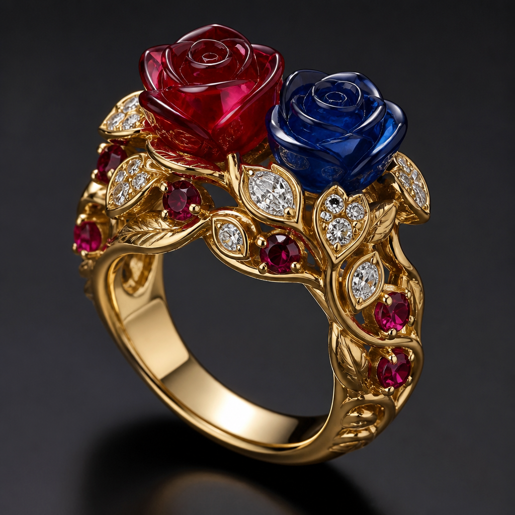 A romantic men's ring made of gold with diamond and ruby stones suitable for anniversary. é uma joia feita de rubi e diamante , cujo a pedra de cima terá formato de rosas 🌹 uma vermelha e outra azul, será um anel incrível.
photorealistic jewelry design, A romantic men's ring made of gold with diamond and ruby stones suitable for anniversary. é uma joia feita de rubi e diamante , cujo a pedra de cima terá formato de rosas 🌹 uma vermelha e outra azul, será um anel incrível., romantic style, just the design no text