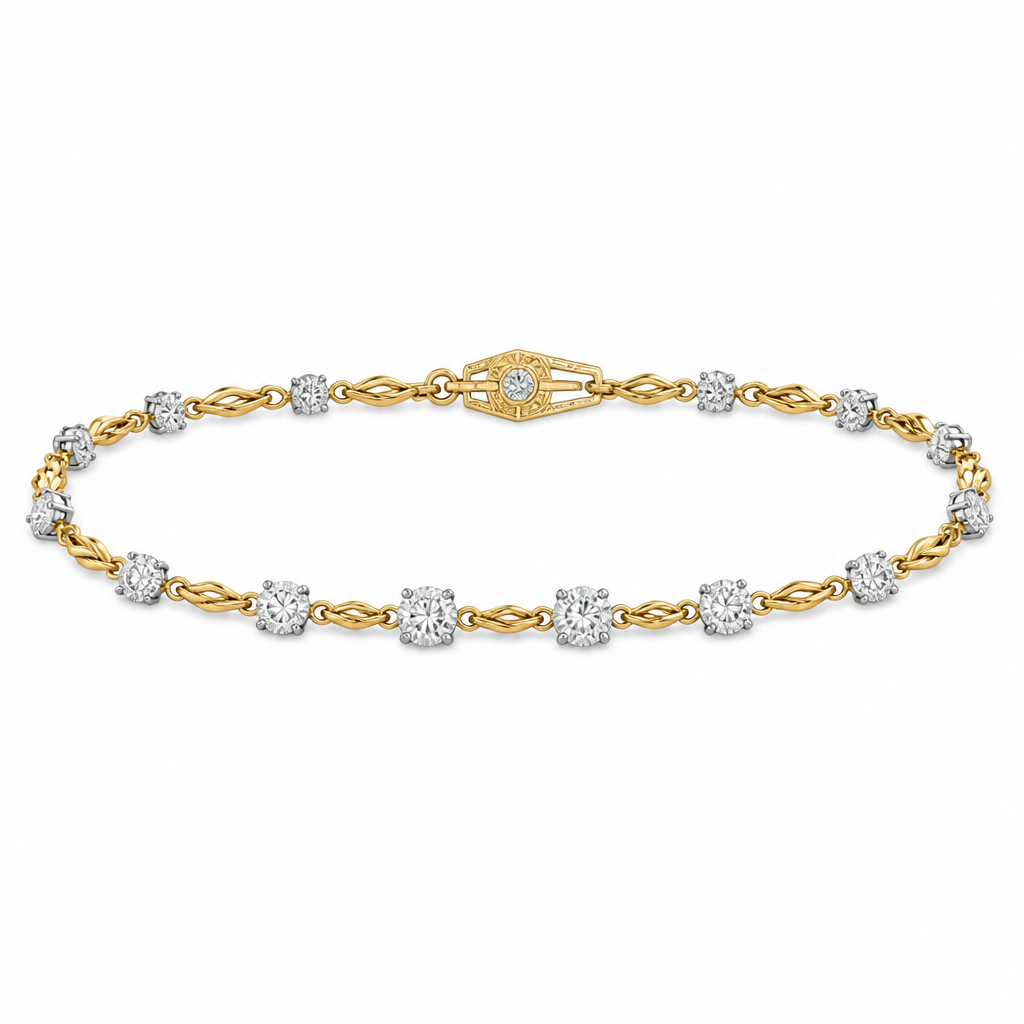 create a diamond station bracelet with 12 diamonds in 8 stations separated by yellow gold twist connectors and diamonds set in white gold prongs separated by jump rings. Components include 12 diamonds and 7 twist connectors linked with jump rings in the following order:
Clasp
Twist
2.6mm
Twist
3.4mm
3.7mm
Twist
3.95mm
4.25mm
4.45mm
Twist
4.4mm
4.24mm
3.95mm
Twist
3.8mm
3.35mm
Twist
2.55mm
Twist
Clasp
photorealistic jewelry design, create a diamond station bracelet with 12 diamonds in 8 stations separated by yellow gold twist connectors and diamonds set in white gold prongs separated by jump rings. Components include 12 diamonds and 7 twist connectors linked with jump rings in the following order:
Clasp
Twist
2.6mm
Twist
3.4mm
3.7mm
Twist
3.95mm
4.25mm
4.45mm
Twist
4.4mm
4.24mm
3.95mm
Twist
3.8mm
3.35mm
Twist
2.55mm
Twist
Clasp, art_deco style, just the design no text