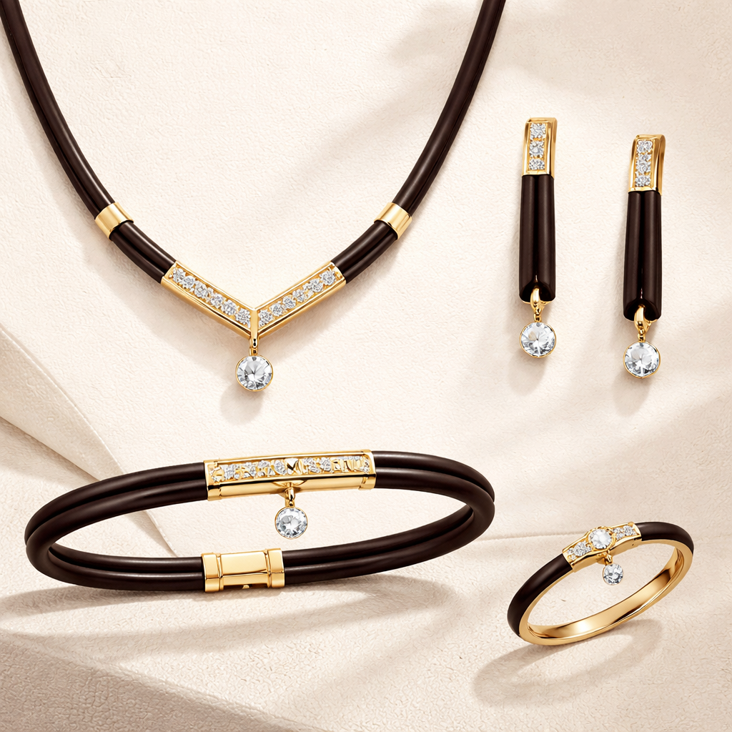 Create jewelry set for Brahmin with diamonds with leather design , in gold