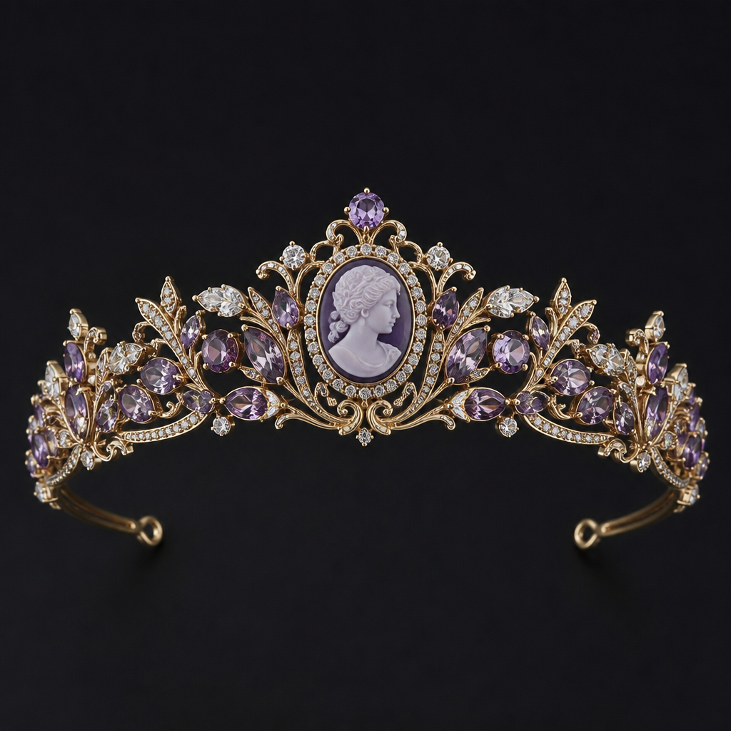 A cameo women's tiara made of gold with amethyst and diamond stones, highly ornate, intricate and elaborate, richly detailed. delicado y sencillo
photorealistic jewelry design, A cameo women's tiara made of gold with amethyst and diamond stones, highly ornate, intricate and elaborate, richly detailed. delicado y sencillo, cameo style, just the design no text