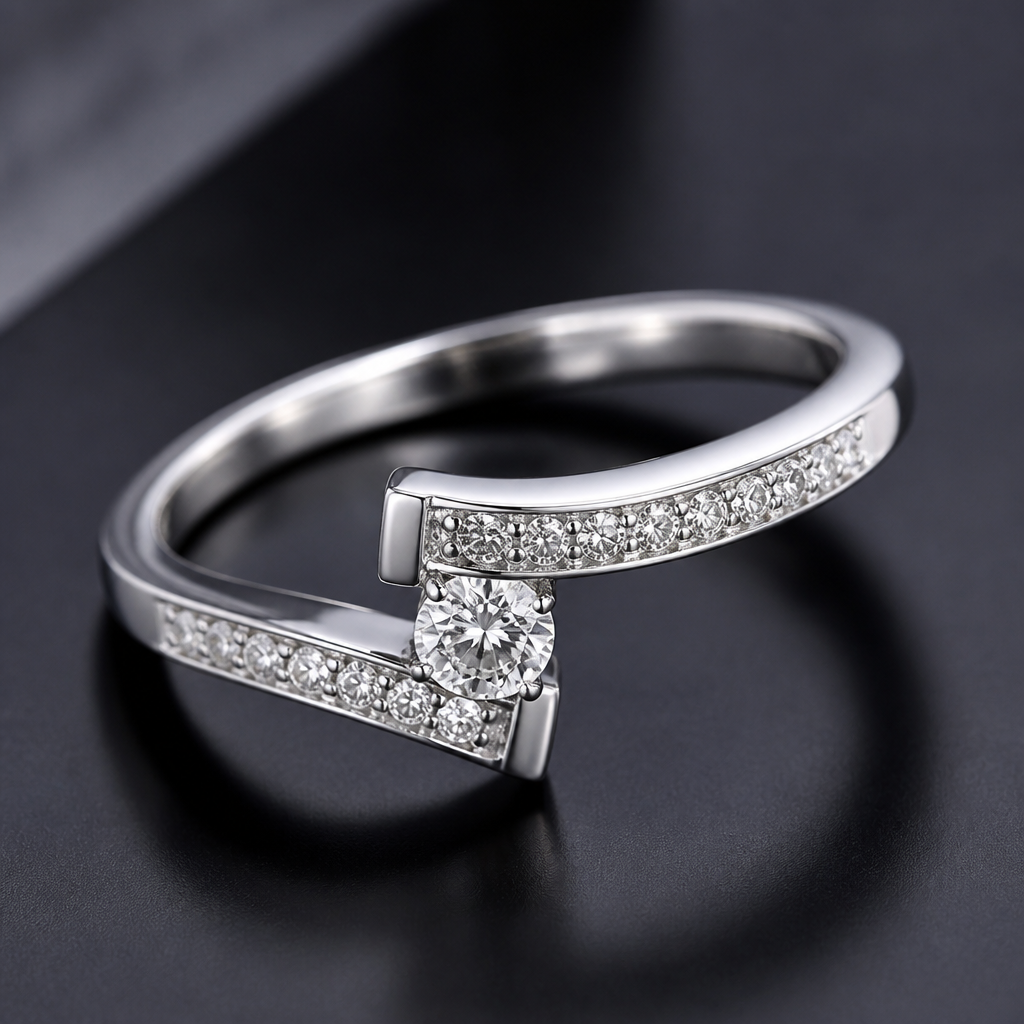 A women's ring made of platinum with diamond stones
photorealistic jewelry design, A women's ring made of platinum with diamond stones, modern style, just the design no text