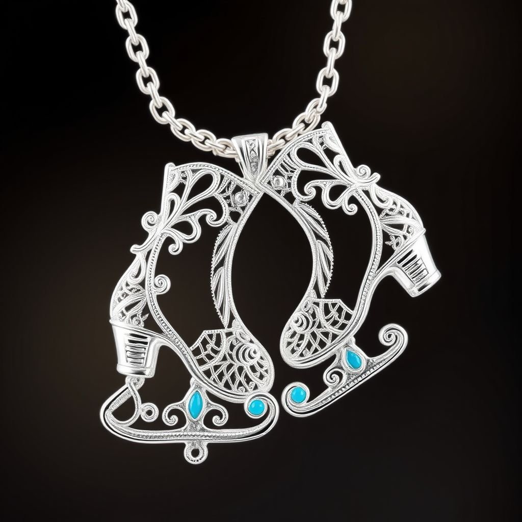 Pendant silver with stylized ice figure skating skates. Remove boots and leave only lowest part of skates. Add turquoise
