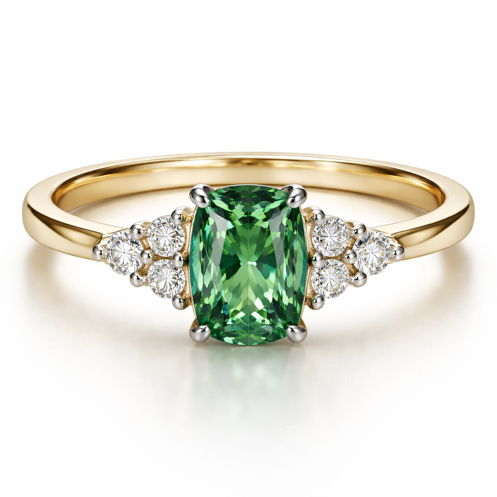 A yellow gold 18 carat thin band with an angled edge ring. Central green sapphire in an elongated cushion cut. Either side of the central sapphire are three small diamonds on each side in a triangle formation. The profile of the stones are raised slightly to accommodate a wedding band underneath. All stones are held in place by platinum prongs.