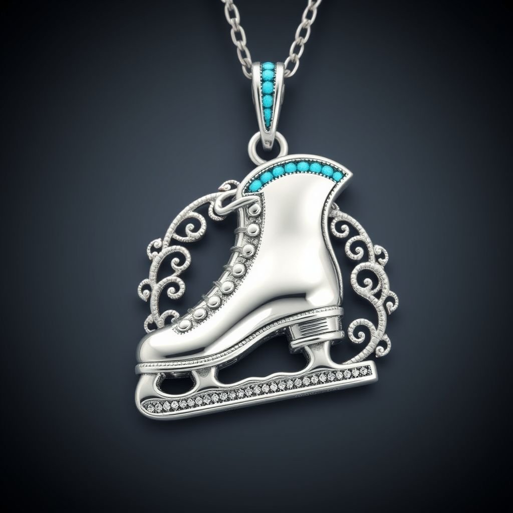 Silver Pendant shape one ice skate with turquoise stripe inside the low thin part blade 
