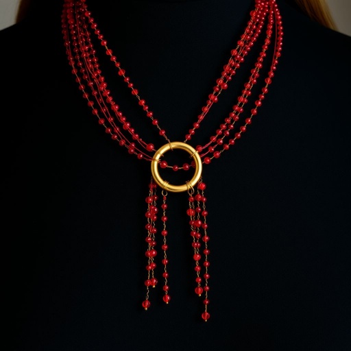 Long tie style necklace consisting several long strings many from small size glass red beads going around neck and in front entering the golden ring and hanging out. 
