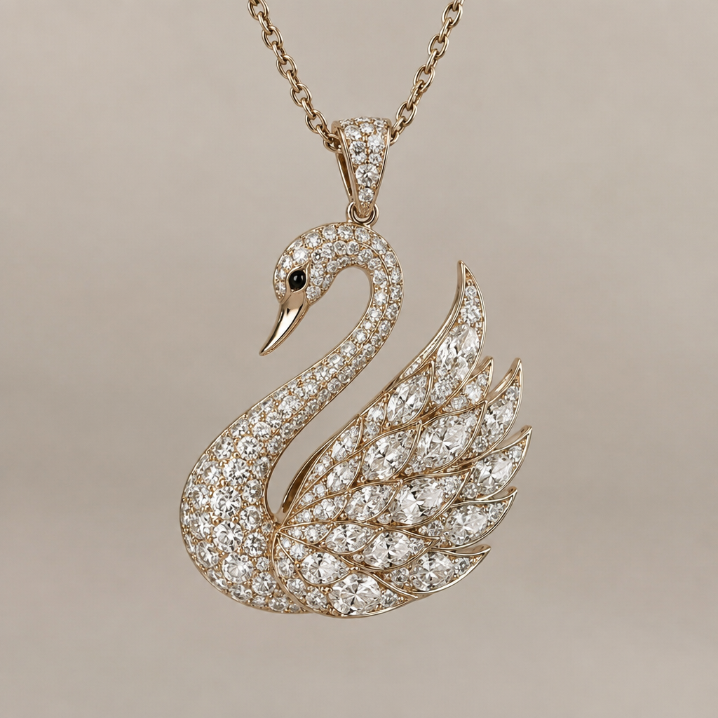 A swan pendant studded with diamonds
photorealistic jewelry design, A swan pendant studded with diamonds , just the design no text