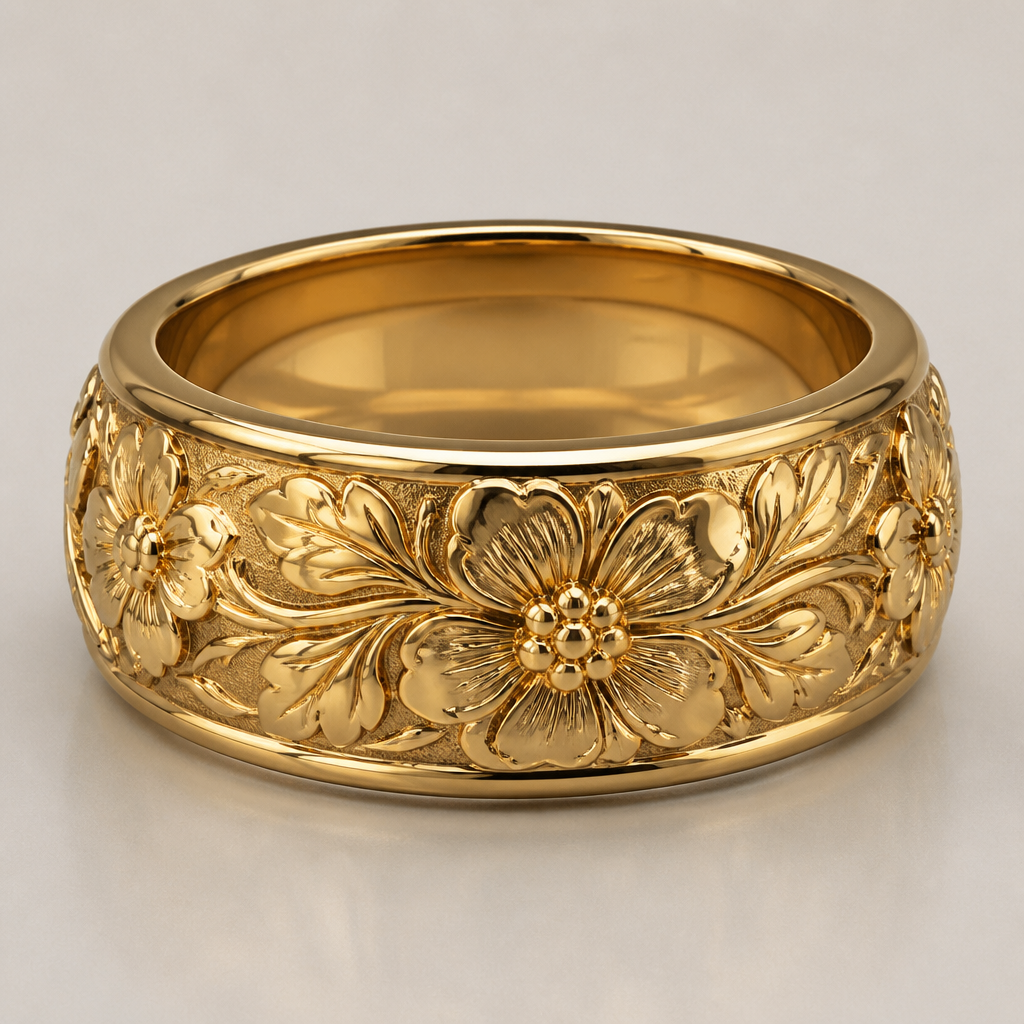 . Refinement: thicker band with floral design
photorealistic jewelry design, . Refinement: thicker band with floral design, just the design no text