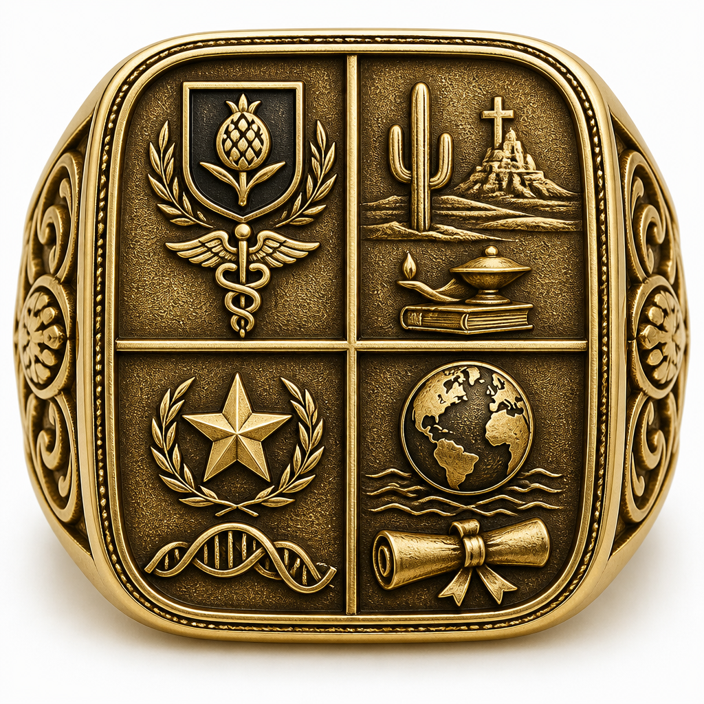 Create an image for ring flat face that is divided in four quadrants. The top left quadrant should have the Symbol of the Universidad de la Sabana with the Medical Doctor symbol next or underneath and the year 2003. The upper right quadrant will have Grand Canyon University symbol with the Master of science in Healthcare Administration next or underneath and the year 2021. In the left lower quadrant there will be a symbol for Houston Christian University with the degree Bachelor of Science in Biology symbol and the year 1994. In the right bottom quadrant is the symbol for the International School of Stavanger and William P. Clements High school with the symbol of high school diploma and the years 1986 - 1989.
photorealistic jewelry design, Create an image for ring flat face that is divided in four quadrants. The top left quadrant should have the Symbol of the Universidad de la Sabana with the Medical Doctor symbol next or underneath and the year 2003. The upper right quadrant will have Grand Canyon University symbol with the Master of science in Healthcare Administration next or underneath and the year 2021. In the left lower quadrant there will be a symbol for Houston Christian University with the degree Bachelor of Science in Biology symbol and the year 1994. In the right bottom quadrant is the symbol for the International School of Stavanger and William P. Clements High school with the symbol of high school diploma and the years 1986 - 1989., heritage style, just the design no text
