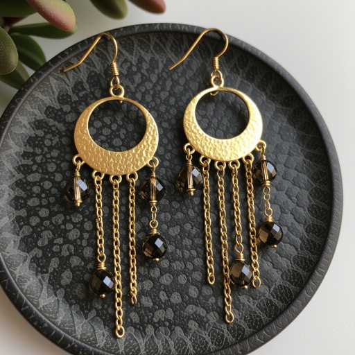 Золотые серьги полумесяц вертикальный 2 см, сверху крепится к швензе. От полумесяца идет три цепочки золотого цвета, у каждой на конце камушек раухтопаз