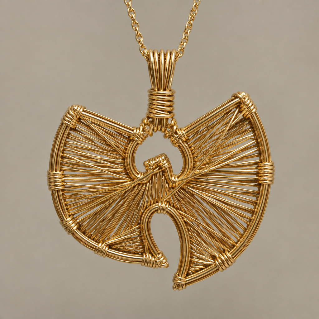 A wire-wrapped women's pendant made of gold. wire wrapped Wu-Tang logo
photorealistic jewelry design, A wire-wrapped women's pendant made of gold. wire wrapped Wu-Tang logo, wire_wrapped style, just the design no text