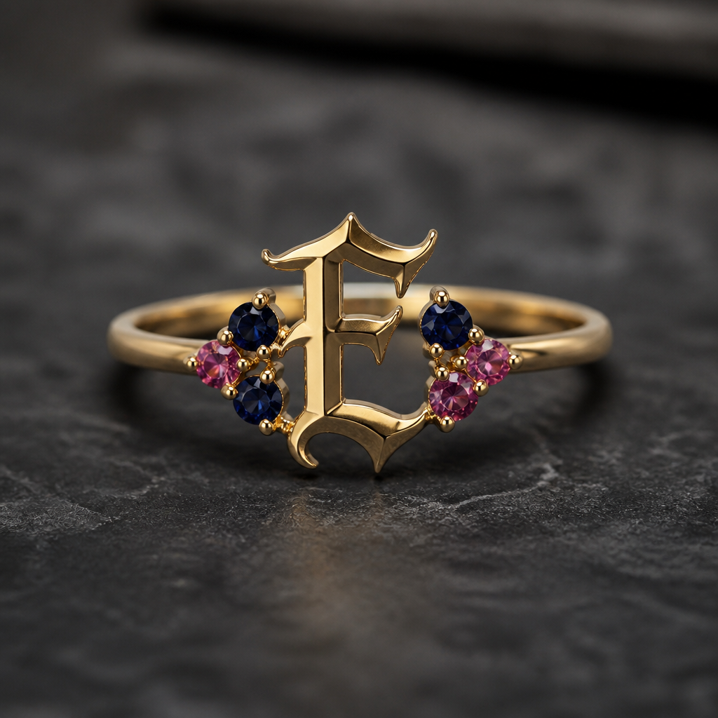 A gothic women's ring made of gold, ultra-minimalist, very simple and clean, understated, no embellishments. um anel de 15 anos com inicial E com pedrinhas azul e pedrinhas rosa em volta
photorealistic jewelry design, A gothic women's ring made of gold, ultra-minimalist, very simple and clean, understated, no embellishments. um anel de 15 anos com inicial E com pedrinhas azul e pedrinhas rosa em volta, gothic style, just the design no text