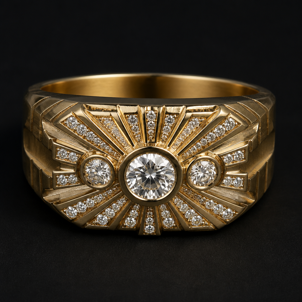 Create a very extremely masculine sunburst wedding band
Design, and 14 karat gold
Center stone will be a 0.50 carat diamond
Two side stones 0.25 carat diamonds
12 0.1 carat diamonds
12 0.05 carat diamonds
photorealistic jewelry design, Create a very extremely masculine sunburst wedding band
Design, and 14 karat gold
Center stone will be a 0.50 carat diamond
Two side stones 0.25 carat diamonds
12 0.1 carat diamonds
12 0.05 carat diamonds , modern style, just the design no text