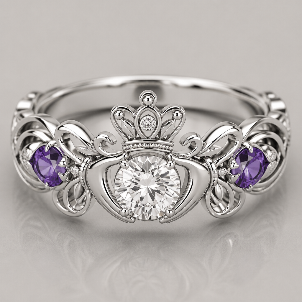 A art nouveau women's ring made of platinum with amethyst and diamond stones suitable for engagement, detailed and decorative, moderately ornate. A platinum ring resembling the claddagh with 1.2 ct diamond, brilliant cut, center stone, and .75 ct amethyst on either side, but not immediately adjacent.
photorealistic jewelry design, A art nouveau women's ring made of platinum with amethyst and diamond stones suitable for engagement, detailed and decorative, moderately ornate. A platinum ring resembling the claddagh with 1.2 ct diamond, brilliant cut, center stone, and .75 ct amethyst on either side, but not immediately adjacent., art_nouveau style, just the design no text