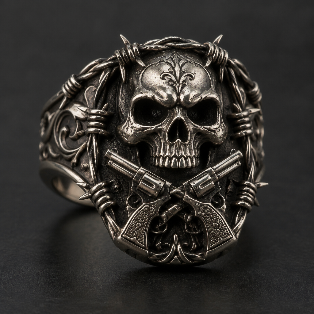 A skull ring with bob wire and crossing pistols
photorealistic jewelry design, A skull ring with bob wire and crossing pistols, gothic style, just the design no text