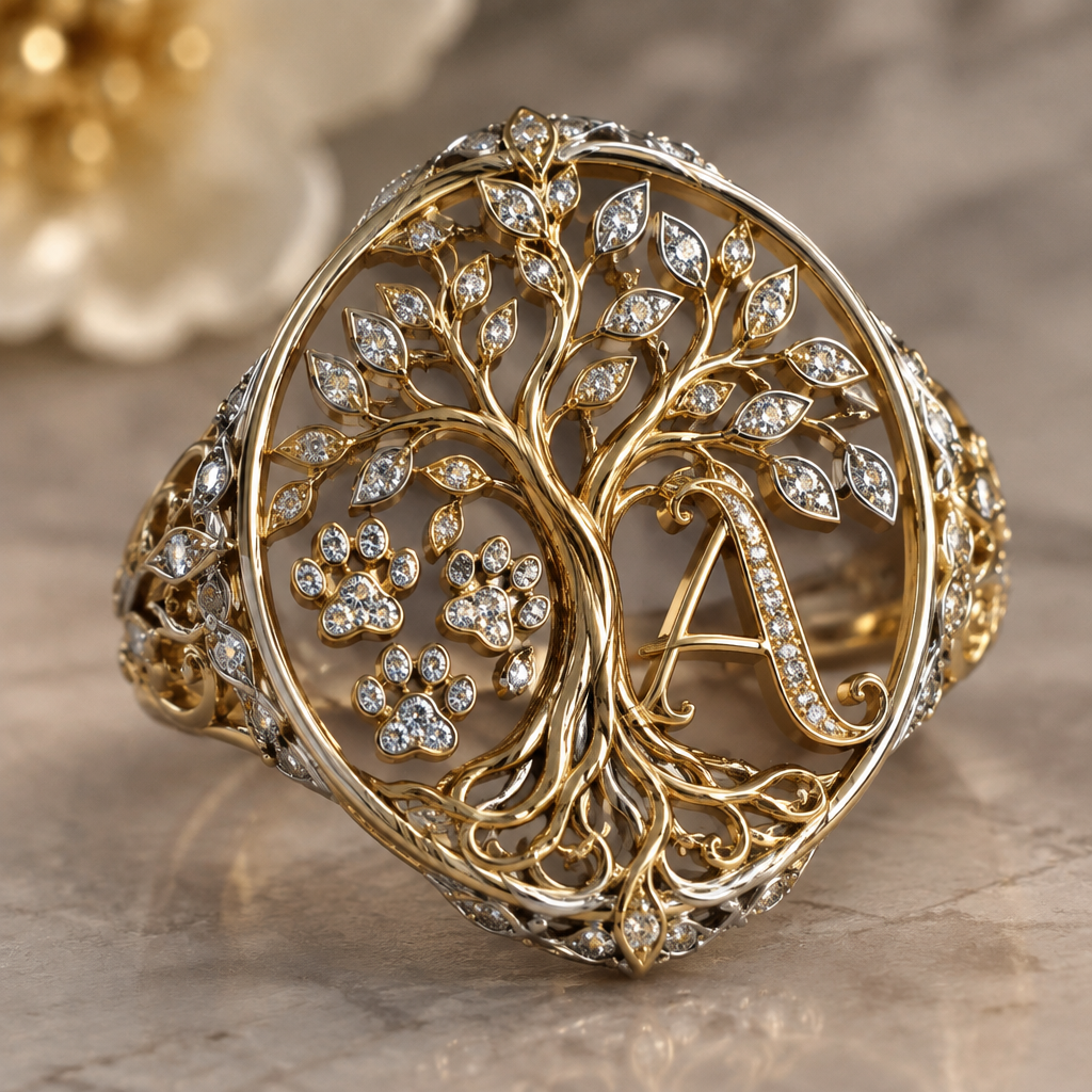 A women's ring, highly ornate, intricate and elaborate, richly detailed. Árbol de la vida la letra A y 3 huellitas de perro
photorealistic jewelry design, A women's ring, highly ornate, intricate and elaborate, richly detailed. Árbol de la vida la letra A y 3 huellitas de perro, modern style, just the design no text