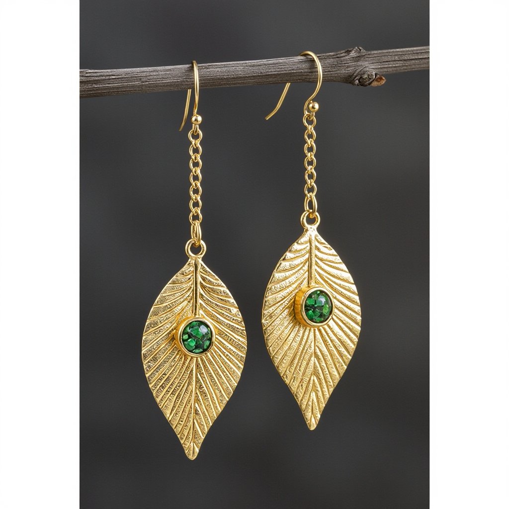 Серьги длинные на цепочках матовое золото мятое. Символ листок с прожилками на нем маленькие зеленые  камушки