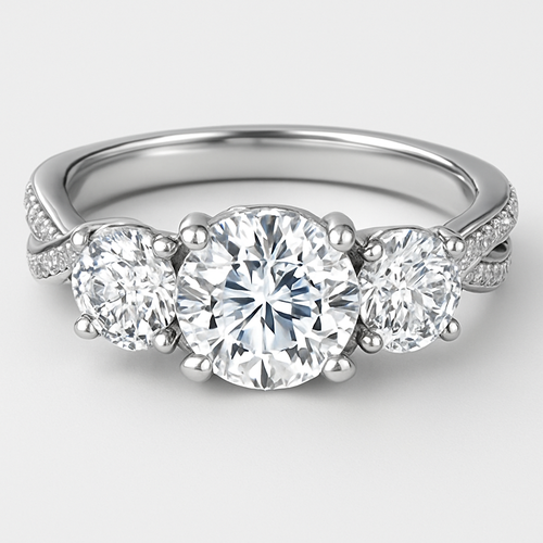 Elegant platinum 4 carat tw 3 stone ring with  hidden halo and pave twisted band