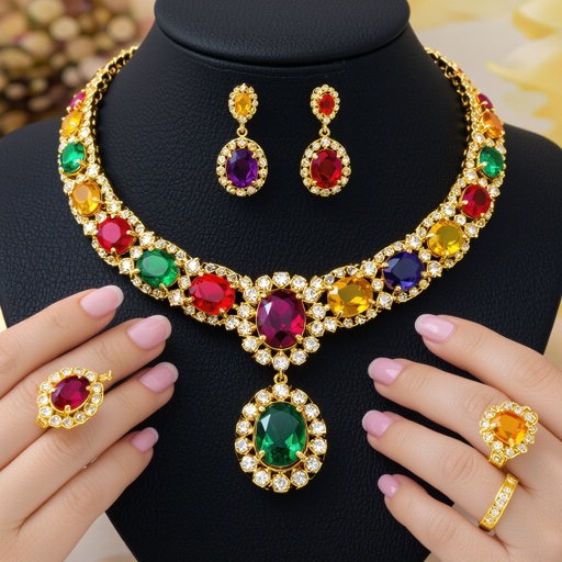 Necklace and ring and earring with luxury colorful jewel with gold