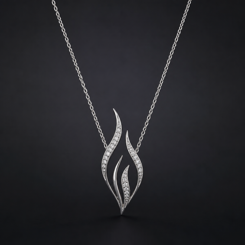 A women's necklace made of silver with diamond stones. flamme style minimaliste, qui ressemble à un feu, métal délicat
photorealistic jewelry design, A women's necklace made of silver with diamond stones. flamme style minimaliste, qui ressemble à un feu, métal délicat, modern style, just the design no text