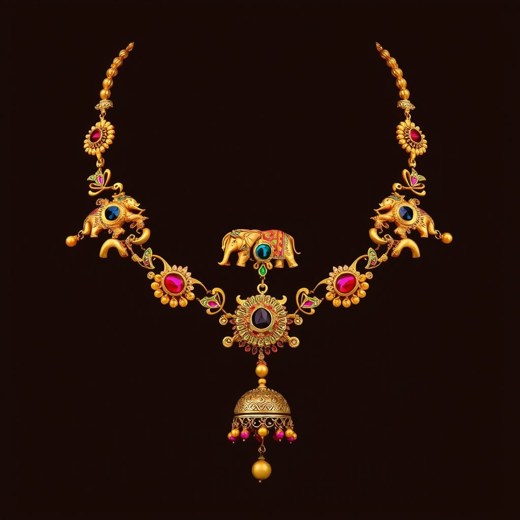 I want heritage Jewllery which are include figure like elephant,jadau birds and many more animal and flower and it’s kundan jewllery and make necklace style which easy to wear in neck and down side of necklace small gola balls which are included small small gughari ball you have to make with kundan piece which are Heydrabadi kundan 