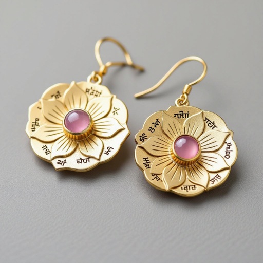 Gold-colored matte ring earrings. The diameter is 1 cm. Pendant in the form of a flat lotus with 6 petals. In the center of the lotus is a rose quartz stone. There are mantras in Sanskrit in small print on the petals.