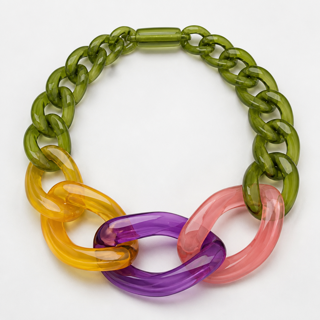 A women's necklace. create a chunky Cuban links style plastic necklace that is graduated and exaggerated in the first three links of translucent colors with the back part being green like a flower stem and the front part being yellow, purple, and Salma n pink
photorealistic jewelry design, A women's necklace. create a chunky Cuban links style plastic necklace that is graduated and exaggerated in the first three links of translucent colors with the back part being green like a flower stem and the front part being yellow, purple, and Salma n pink, modern style, just the design no text